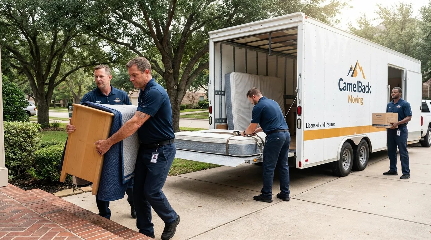 Crew loading residential truck for cross-state move from San Pedro, CA