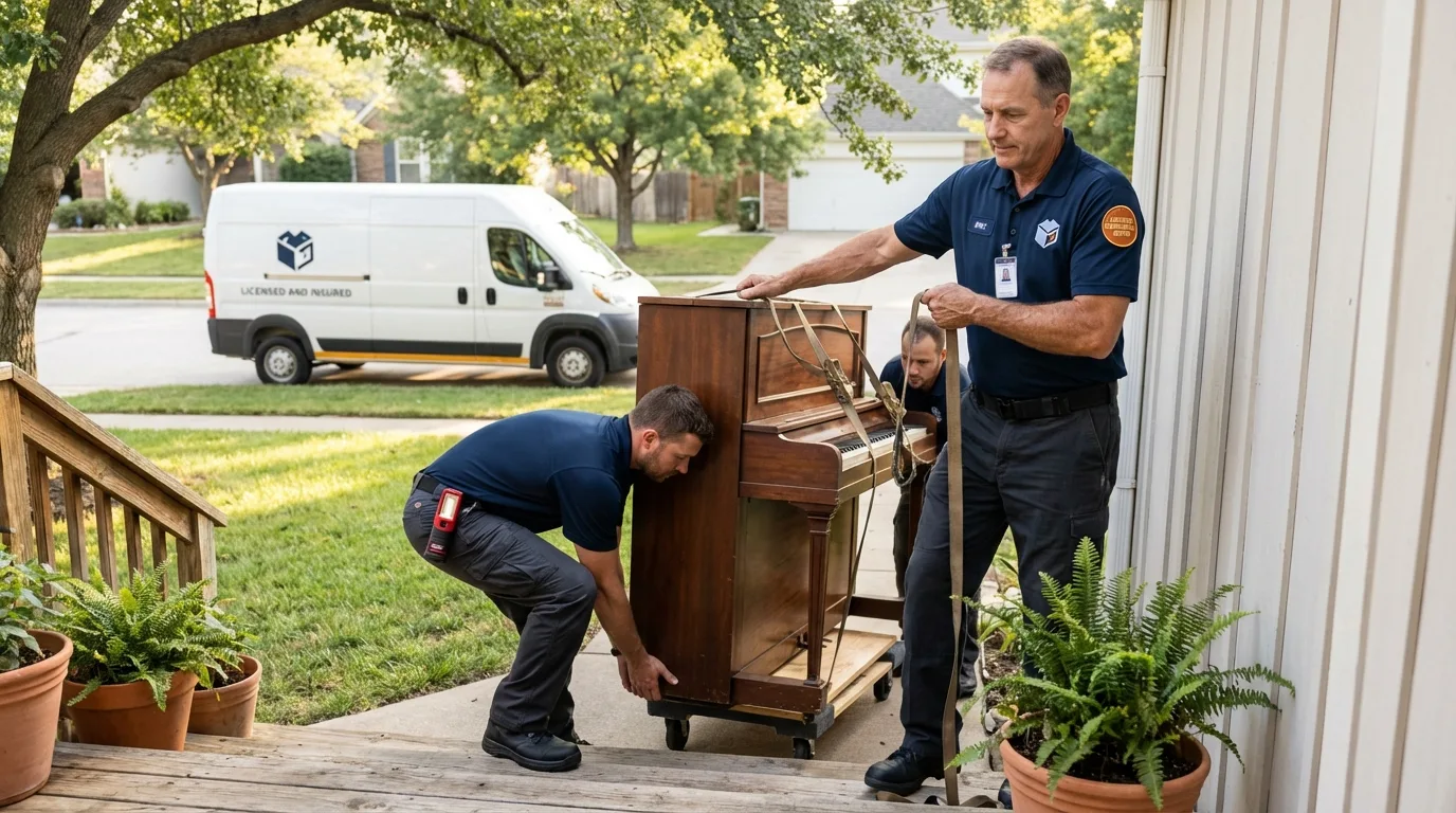 Licensed piano movers securing grand piano in San Pedro, CA