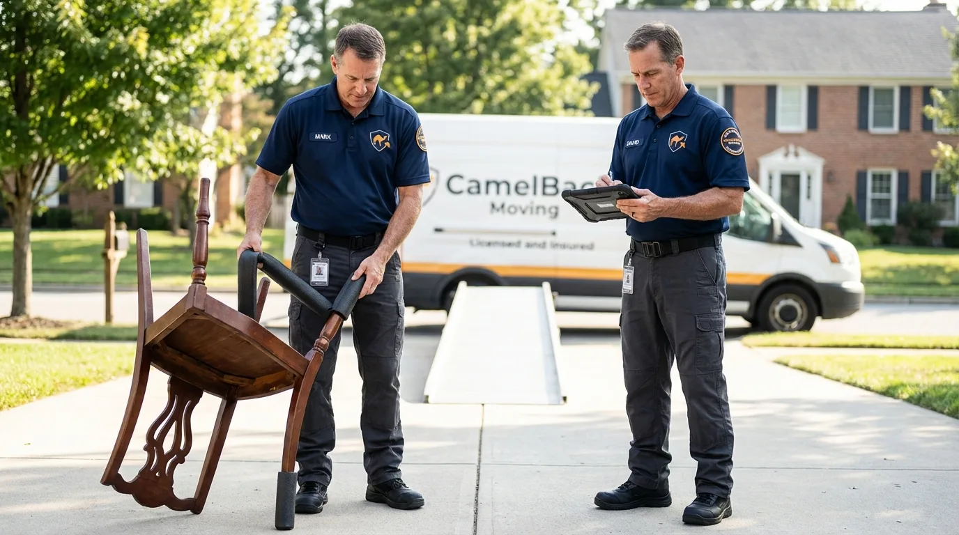 Movers inspecting furniture for damage prevention before loading in San Pedro, CA