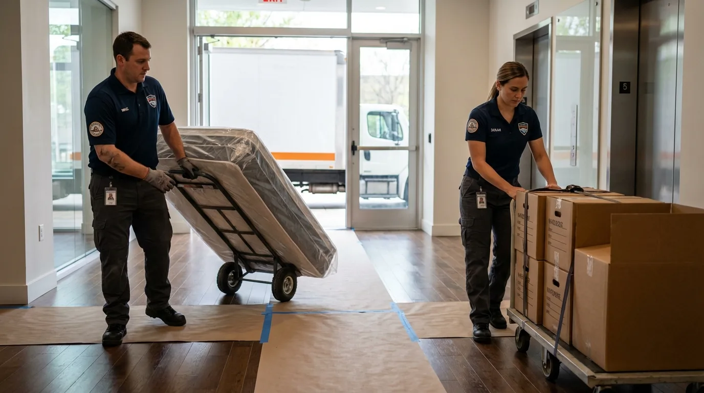 Professional apartment movers loading elevator in San Pedro, CA