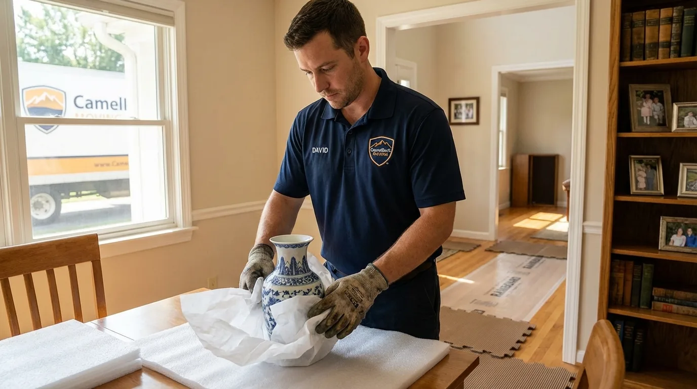 Professional crew carefully wrapping antique vase for senior downsizing move in San Pedro, CA
